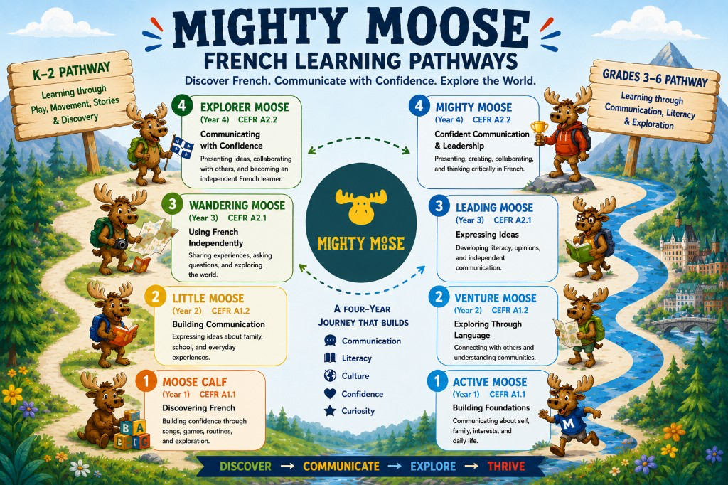 Mighty Moose French Learning Pathways infographic showing K-2 and Grades 3-6 pathways with four levels each, from CEFR A1.1 to A2.2